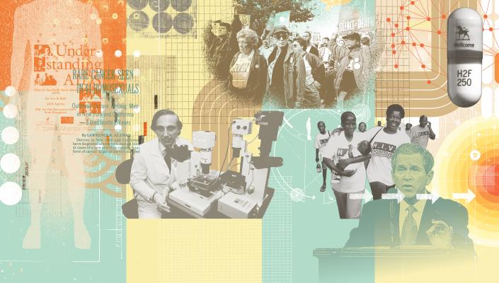 A collage of images including George W. Bush, a person using a microscope, people protesting for LGBTQ+ rights, and HIV preventatives.